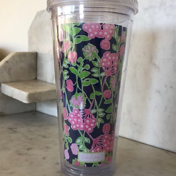LILLY PULITZER Travel Tumbler with Twist On Lid Navy Pink Green Floral P… - Picture 1 of 12